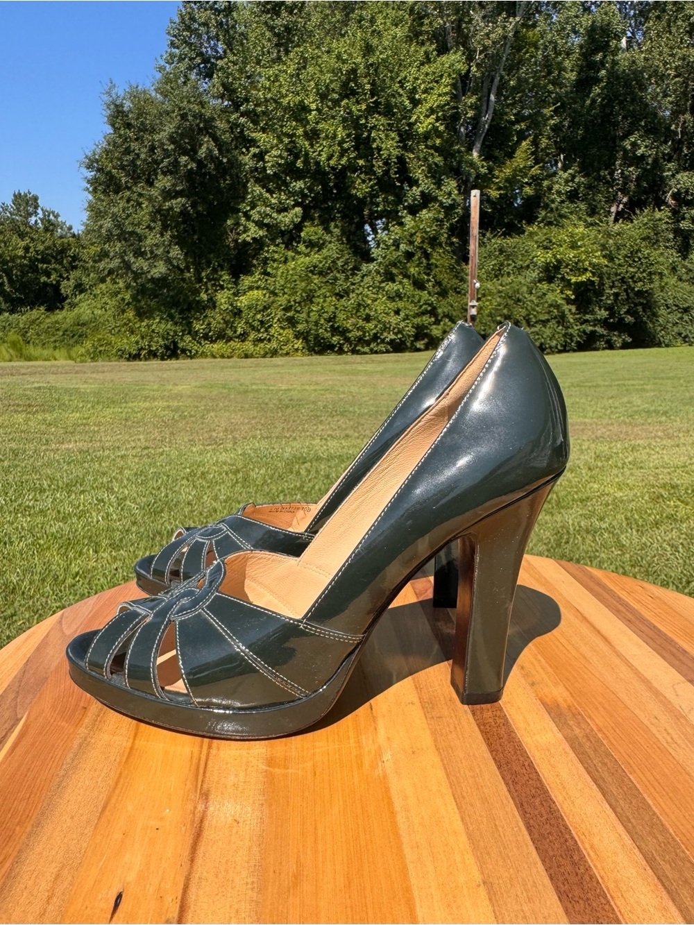 Ladies Cole Haan Green Patent Leather Peep-Toe Heels